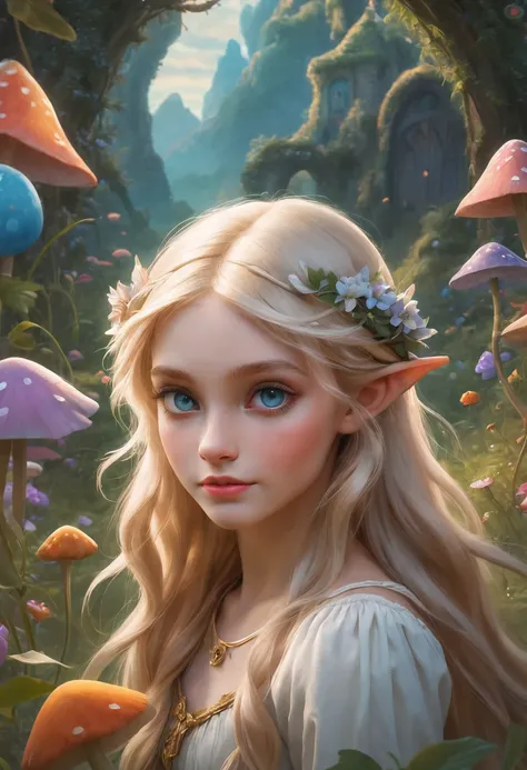 Create an enchanting and whimsical image of a eLEGANT elf girl with flowing blonde Hair, exploring the magical realm of Neverland. Picture her in a vibrant meadow surrounded by fantastical creatures, lost in this timeless and(( dreamlike world)). Capture t...