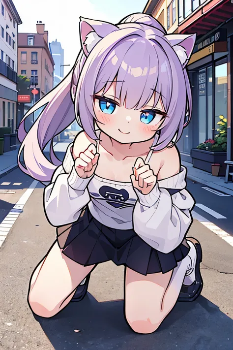 ((Masterpiece)), ((best quality)), (super detailed), (kneeling), 1girl, cute little girl, blush, smile, put on cat ears, (Gravure Pose), (messy long ponytail), pale purple hair, cute eyes, (Off-shoulder white long sleeves), city street, ((white long sleeve...