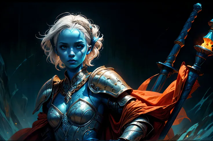 fantasy art, dnd art, RPG art, wide shot, (masterpiece: 1.4) portrait, intense details, highly detailed, photorealistic, best quality, highres, portrait a vedalken female (fantasy art, Masterpiece, best quality: 1.3) ((blue skin: 1.5)), intense details fac...