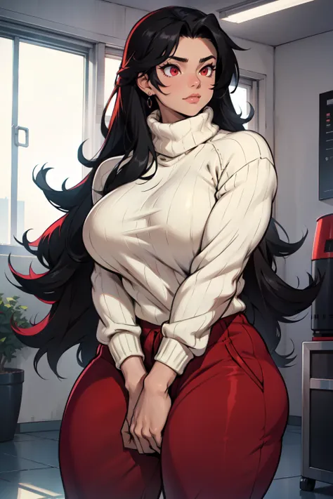 muscular thick thighs huge breasts black hair red eyes long hair turtle neck sweater sweatpants girl