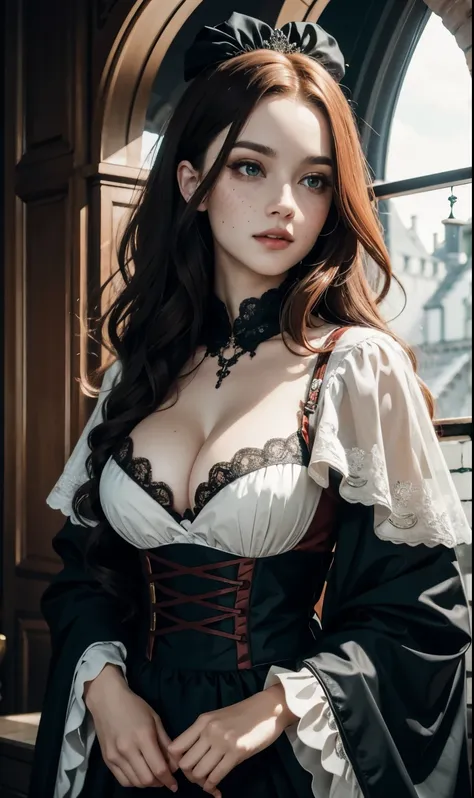 Masterpiece, detailed art, a beautiful vampire with long red wavy hair, green eyes, freckles, white face, large breasts, childish waist, wearing an elegant gothic outfit typical of an ancient vampire, adult vampire woman, hungry look, sinister night , dutc...