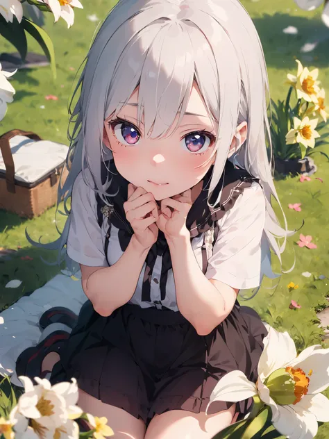 ((masterpiece, best quality)),(1girl, solo:1.4), silver hair, ruby eyes, from above, beautiful detailed eyes, vivid, cloudy sky, flower, awesome flower, daffodil, falling petals, sanshoku dango, hanami, picnic, incoming kiss, incoming hug,