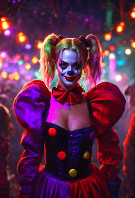 Portrait of Margot Robbie as clown at the crowdy party, wearing closed Black-Red clown suit, harley quinn style, her face is illuminated by neon lights, looks like harley quinn, violet color, he stands, model shooting style (extremely detailed CG unity 8k ...