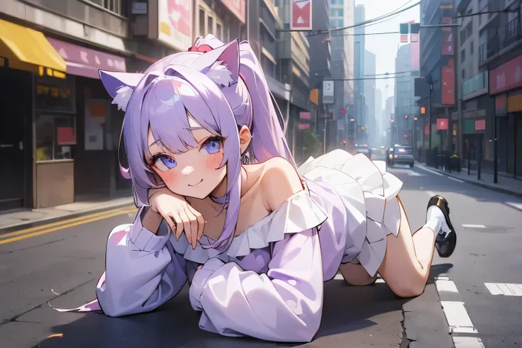 ((Masterpiece)), ((best quality)), (super detailed), (kneeling), 1girl, cute little girl, blush, smile, put on cat ears, (Gravure Pose), (messy long ponytail), pale purple hair, cute eyes, (Off-shoulder white long sleeves), city street, ((white long sleeve...