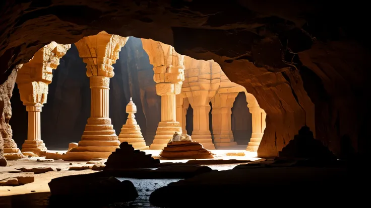 Capture the mesmerizing beauty within a vast cave, where houses and temples are intricately carved into the rock walls. Illuminate the scene with cinematic lighting, emphasizing the architectural details, and use a 28mm lens to frame the awe-inspiring gran...