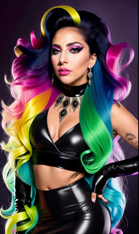 Lady GaGa vestido negro con neon,extravagante,textura 4K,Realistic vision,Realistic and sharp face, cabello largo y de colores, calidad alta, cuerpo completo,varias poses corporales,peinado extravagante, Original album cover, imagen 8k, futurista, alta cal...