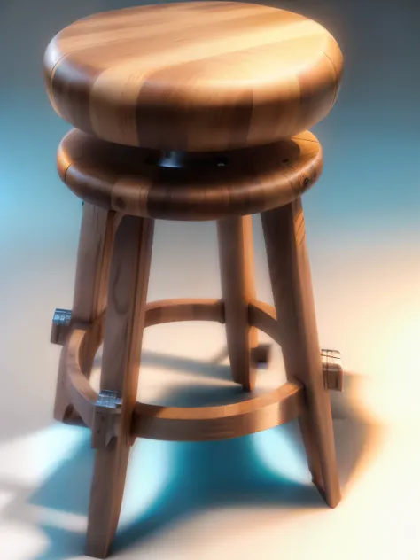 Close-up of a wooden stool on a white background, realistic rendering of a chair, rendering wearing a crown, hyper-realistic detailed rendering, empty stools, Hyper-realistic render, semi-realistic render, PBR-rendering, Highly detailed texture renderer, H...