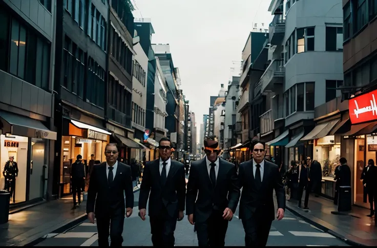 three men in suits and ties walking down a street, mid - shot, mid-shot, wearing a suits, man, business men, by Emma Andijewska, wearing a suit and glasses, neo - noir style, suits, men in black, agents from the matrix movie, security agent, professional, ...