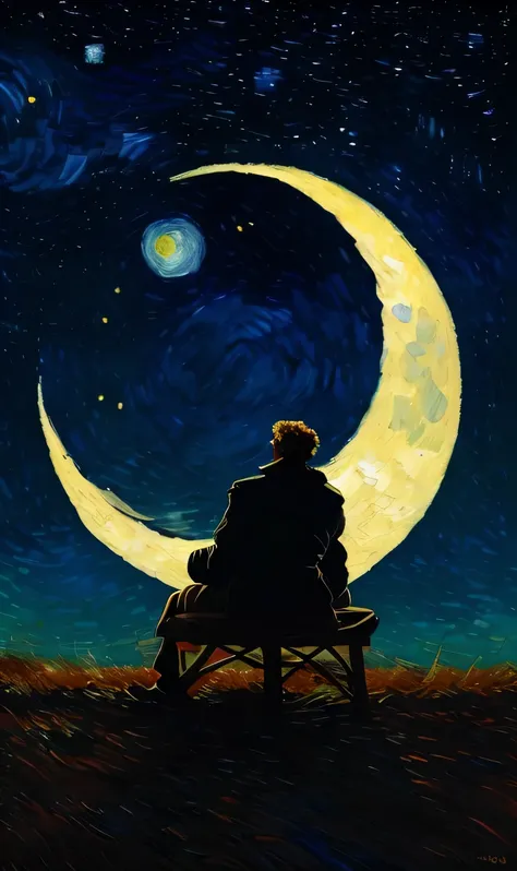 (best quality, 4k, 8k, high res, masterpiece:1.2), ultra-detailed, realistic, physically-based rendering, Vincent van Gogh sitting on a crescent moon in the sky looking at the starry nights, portrait, glimmering stars in the background, wind gently blowing...