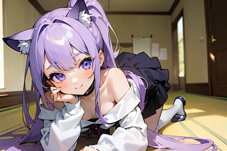 ((Masterpiece)), ((best quality)), (super detailed), (kneeling), 1girl, cute little girl, blush, smile, put on cat ears, (Gravure Pose), (messy long ponytail), pale purple hair, cute eyes, (Off-shoulder white long sleeves), School corridor, ((white long sl...