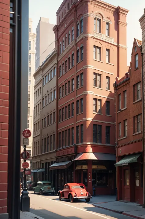 there a red car driving down the street in front of a building, colorized, restored color, 1 9 3 1, 1929, 1930, 1 9 3 0, 1 9 2 8, color footage, 1932, 1 9 3 2, 1920s gaudy color, 1934