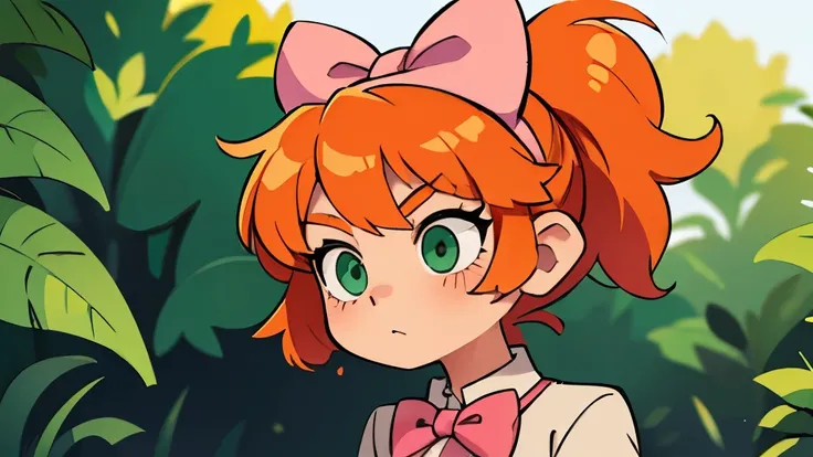 Girl, orange hair, green eyes, pink bow, 