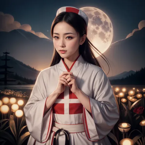 A beautiful Japanese nurse, with long black long hair, silky skin, beautiful eyes, beautiful lips, wearing a white kimono uniform, with a red cross adorned in the middle, wearing a nurses hat, standing in a vast field of roses, and in the background mounta...