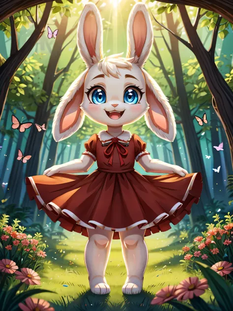 zoomed out image, cute style art, fantasy style art, cute, adorable, short character, small, tiny little fluffy female white bunny with blue eyes, 4 ears, 2 extra ears, big floppy ears, long ears, ears perked up, raised ears, long eyelashes, poofy rabbit t...