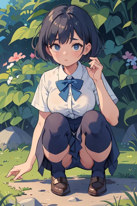 (masterpiece, best quality), 1girl, Slate Short Pixie Cut, Size H breasts, Medium blue Collared button-up blouse with a tied bow detail. and Pleated culottes, kneehighs, Crouching on the ground