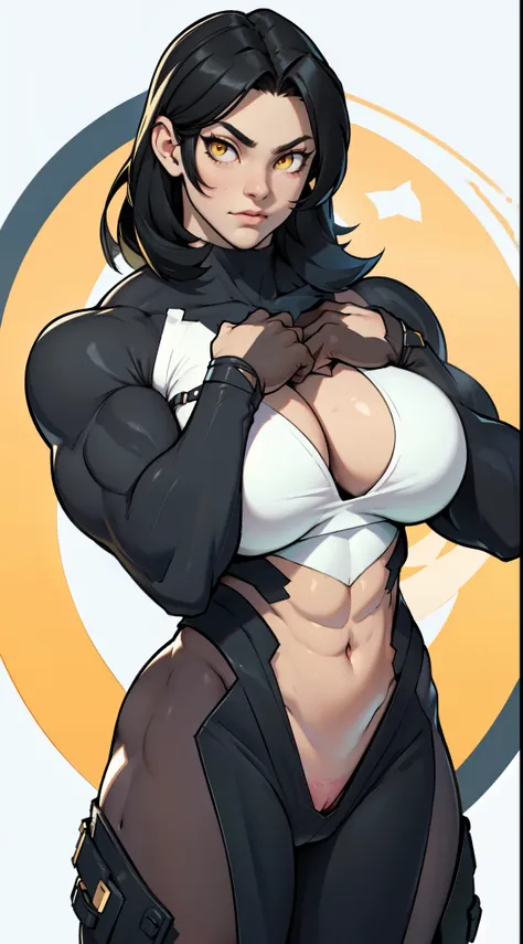 pale (((muscular girl toned body large breasts thick perfect anatomy))) yellow eyes black hair best quality