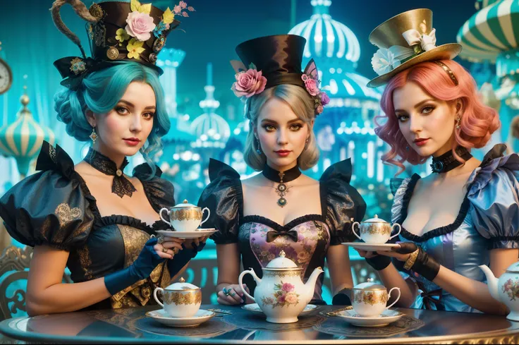 three women in fancy dress are sitting at the table, alice in wonderland cyberpunk, surreal Tea Party, alice attends mad Tea Party, rococo cyberpunk, Alice in Wonderland style, Theme &quot;Alice in Wonderland&quot;, Tea Party, Michael Horse (unreal engine,...