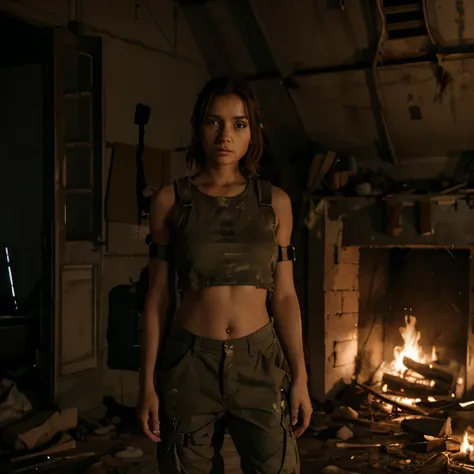 Girl in apocalypse wears survival outfit, crop top, barefoot, 8k, ultrarealistic 