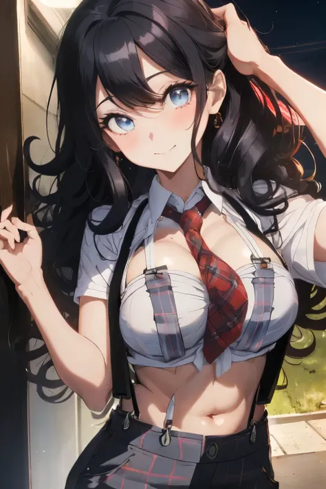 (black hair),(curly hair with a lot of fluff:1.4),(long curly hair:1.3),(with blue eyes:1.25),blush,(Shirtless suspenders:1.5),(Red plaid tie:1.2),(pants with suspenders:1.2),(wide hem trousers:1.3),(Platform loafers),(Beautiful breasts spilling out:1.3),(...