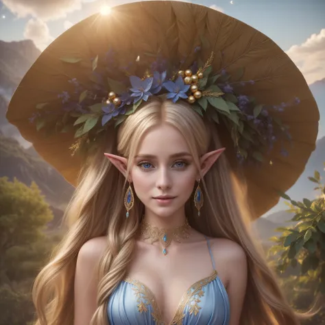 A beautiful elf, with long flowing blonde hair, silky skin, beautiful eyes, full lips, big breasts, wearing a transparent pure blue silk dress, wearing earrings, a gold choker, giving a beautiful smile, posing, and in the background mountains and pine tree...