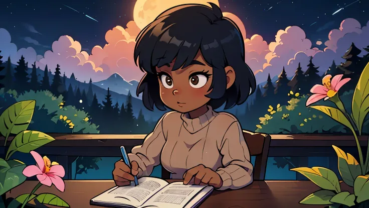 A cute and beautiful darkskin girl studying a cozy study table, night landscape, cloudy sky, full of plants and flowers and a bookshelf, studying overlooking a beautiful natural setting, black hair, cozy sweater