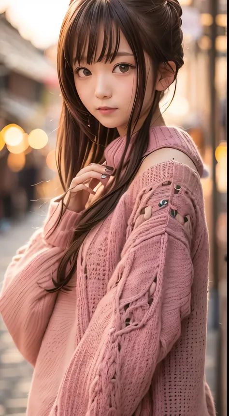 stand in japanese traditional street, in kyoto, japanese girl,  (pink oversized knitted sweater:1.3), in the sunset, pupils sparkling, brown long hair, depth of field, f/1.8, anatomically correct, textured skin, super detail, high details, high quality, su...