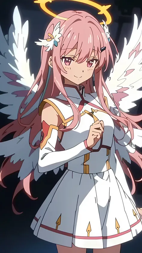 bright colors, woman, masterpiece, sharp focus, best quality, depth of field, Cinema lighting, (Anime screenshots:1.4), colorful hair, long hair, black hair, pink eyes, halo, Angel wings, Feathered wings, pink hair, white clothing, hair accessories, Angel,...