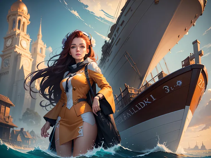 there a woman holding a clock in her hand near a boat, cyril rolando and m. w kaluta, cyril rolando and m.w kaluta, michael cheval (unreal engine, karol bak uhd, in style of cyril rolando, by Cyril Rolando, inspired by Cyril Rolando, stunning digital illus...