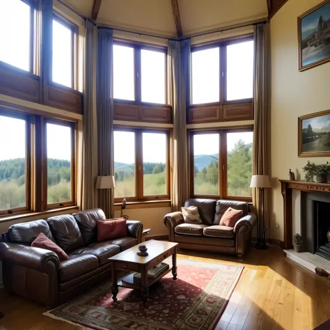 panoramic photo of a spacious cozy living room in a country house, Lots of sunlight enters the living room through the windows, Outside the window there is a forest