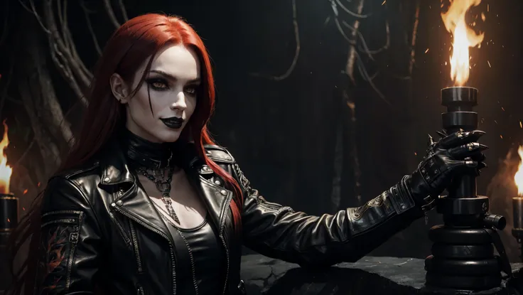 Metal androgynous, Metallic black painting, grin, black leather dress, leather jacket, tropical forest, he looks like a beast, black lipstick and makeup, long red hair, alone, black claws, savagery, passion, fire, huge rock cliff, fire magic, magic circle,...