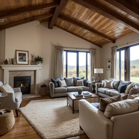 photo of a spacious, cozy living room in a country house with a modern interior