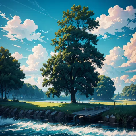 nobody!!!!,nobody:9,Sky，wind，cloud，Tree，river，masterpiece，extremely high detail,Light cyan color scheme