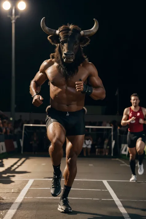 an ultra realistic black minotaur running on two legs, lack furr, hairy, anthropomorphic black bull at the finish line of a race celebrating victory, minotaur, professional picture