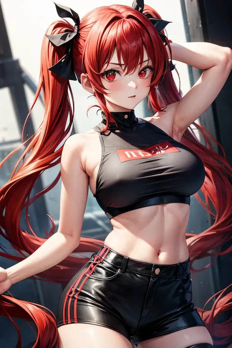 1girl, red eyes, red hair, higt twintails, crop top, big breast