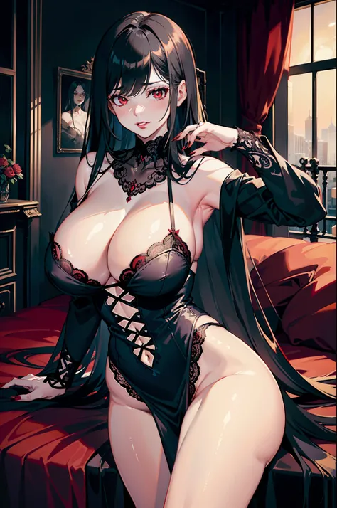 (1Woman), (Beautiful sinister woman), master part, Beautiful, Pixiv, Superior Quality, (((long black hair))), Korean bangs,, (red eyes), ((lingerie)), ((huge breasts) ), ((voluptuous curves)), ((sitting)), (((seductive smile))), ((huge blush)), (bed bottom...