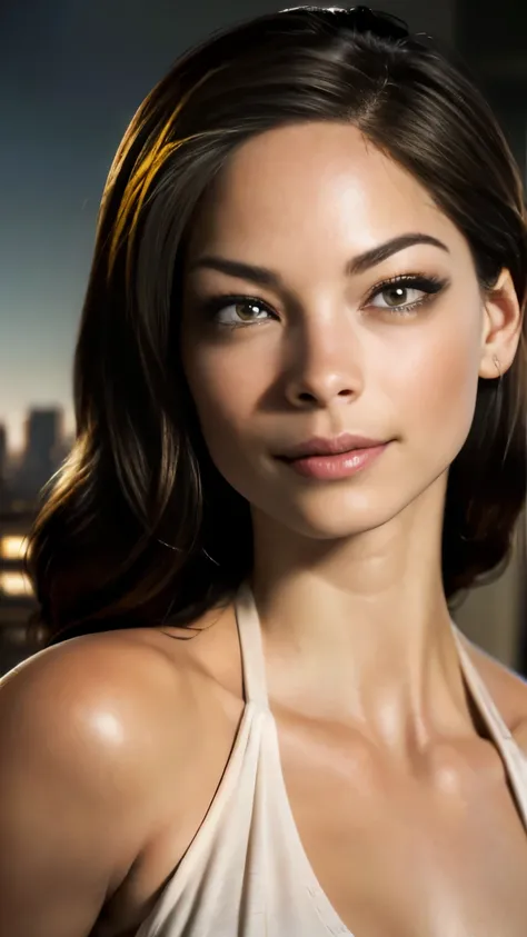 photo of Kristin Kreuk, RAW, beautiful woman, ((portrait)), ((detailed face:1.2)), ((detailed facial feature, detailed skin, clear skin), (perfect proportioned body), (wearing an elaborate low cut halter dress) (high detailed city environment, apartment ba...