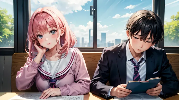 two kindergarten pupils, a boy and a girl, the age of 6, sitting next to each other, at table half upper body, the girl HOLDING a big pink crayon , cute anime cartoon style, with a contemplative pose, cute anime cartoon style, wearing beautiful school unif...