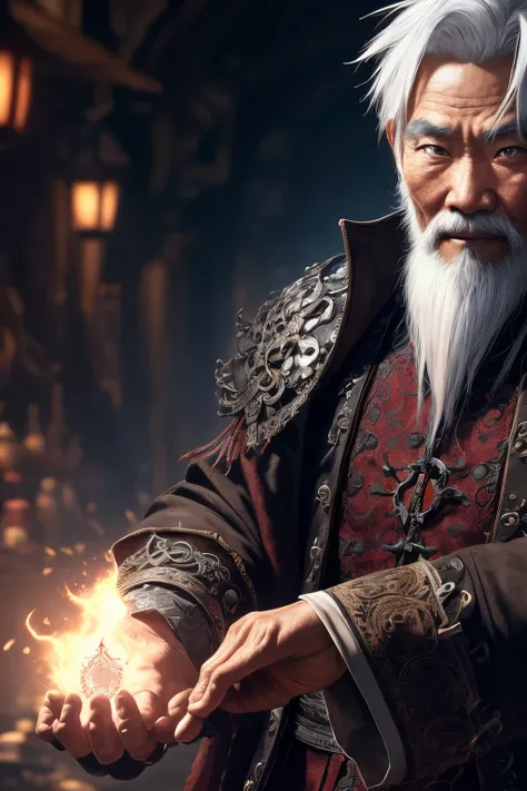 (extremely detailed 8k wallpaper), a medium photo of an old Asian man with white hair from the necromancer Gerrary, intricate, with many details, dramatic