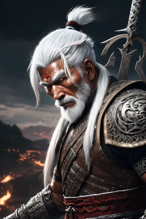 (extremely detailed 8k wallpaper), a medium photo of an old warrior Asian man with white hair from the necromancer Gerrary, intricate, with many details, dramatic