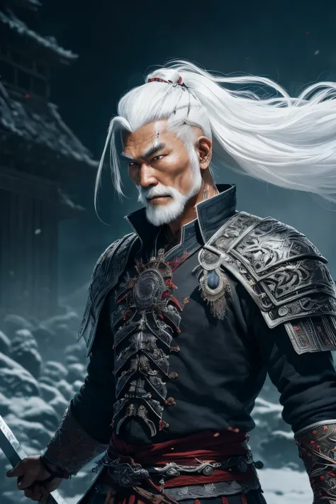 (extremely detailed 8k wallpaper), a medium photo of an old warrior Asian man with white hair from the necromancer Gerrary, intricate, with many details, dramatic