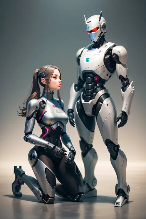 Female robot kneeling to its master　kneel before a middle-aged man　Machine body