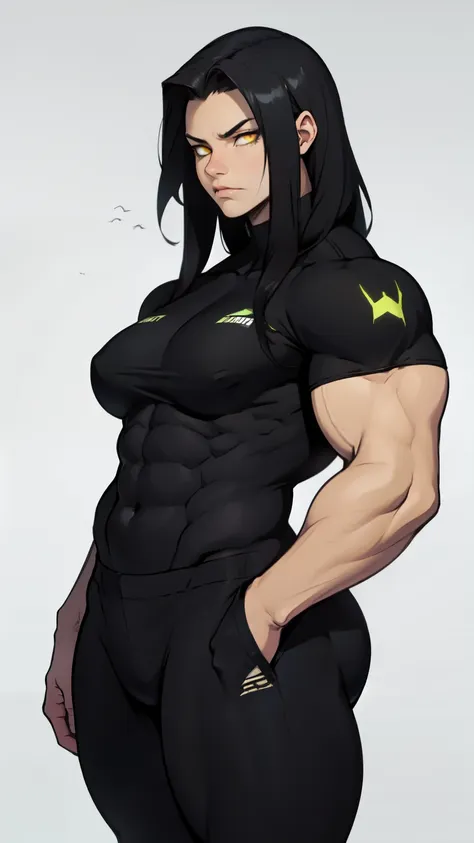 muscular girl breasts thick black hair yellow eyes pale sad