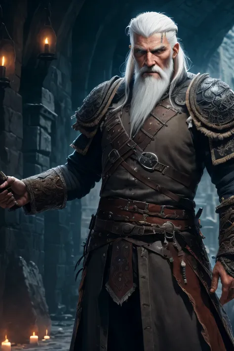 (extremely detailed 8k wallpaper), a medium photo of an old man warrior with white hair from the necromancer Gerrary, intricate, with many details, dramatic