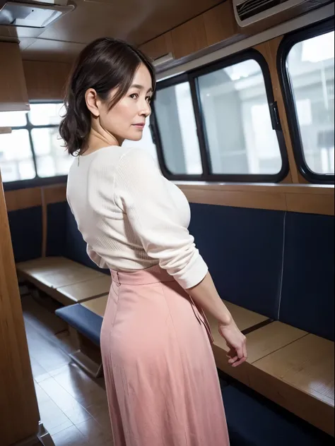 in 8K、Raw photography、Highest Quality、realisitic、Photorealsitic、Professional Lighting、​masterpiece、Very delicate and beautiful woman).No one else on board. A woman turns towards me and stands on empty japanese local train, wearing a knit and a long skirt. ...