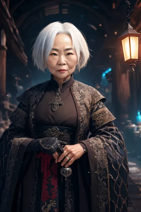 (extremely detailed 8k wallpaper), a medium photo of an old Asian woman with white hair from the necromancer Gerrary, intricate, with many details, dramatic