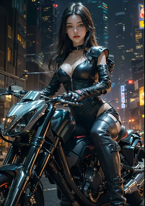 Huntress riding a high-tech motorcycle, Shoot high-tech cannons, Sparks from guns, (1 female, brown eyes, white skin, Twin-tailed black hair, choker, small breasts, skinny, lip whole, compensate, eyeliner, Russia), Wearing black one-piece leather armor, Lo...