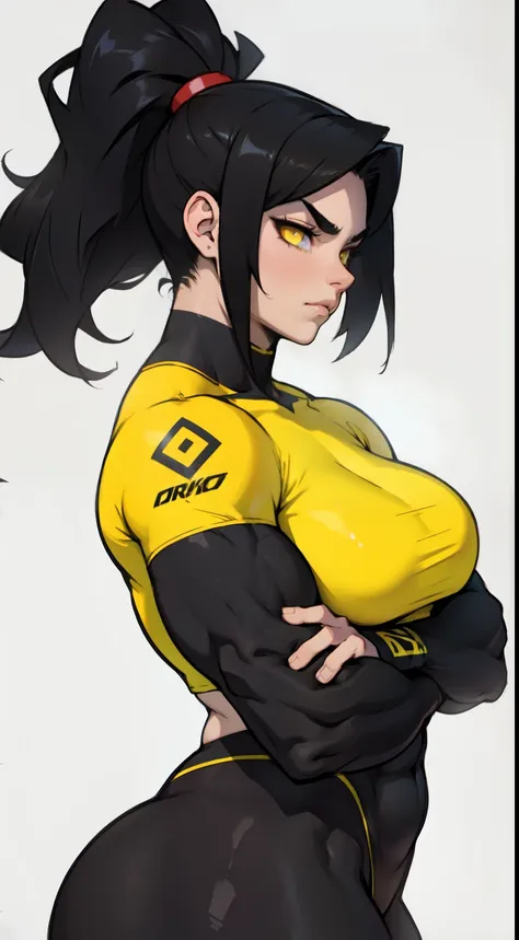 muscular girl breasts thick black hair yellow eyes pale sad thick thick