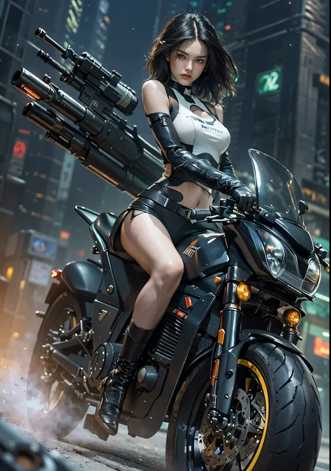 Huntress riding a high-tech motorcycle, Shoot high-tech cannons, Sparks from guns, (1 female, brown eyes, white skin, Twin-tailed black hair, choker, small breasts, skinny, lip whole, compensate, eyeliner, Russia), Wearing black one-piece leather armor, Lo...