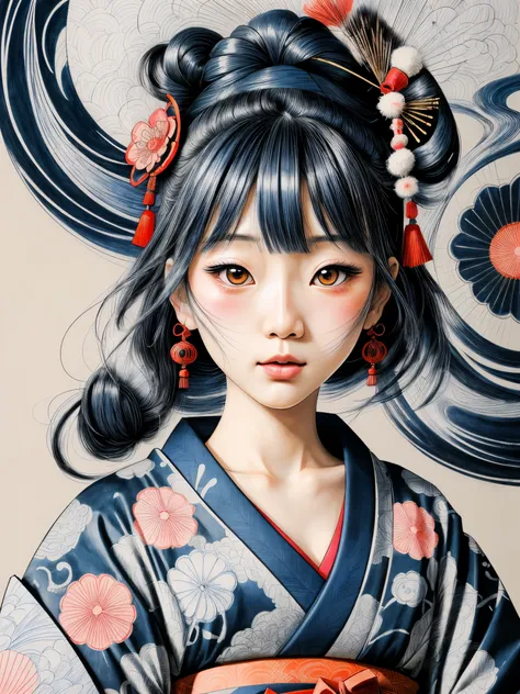 illustration of a traditional japanese girl, kimono, fancy hair, abstract and contemporary style, ((detailed and expressive cart...