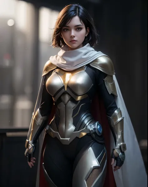 Superhero girl with short black hair (((golden hair highlights::1))) in sci-fi suit steel tatical armor & white and wine cape 